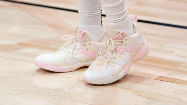 Philadelphia 76ers guard James Harden wearing the Adidas Harden Vol. 6.